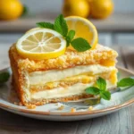 Lemon cream cheese dump cake with lemon slices and mint.