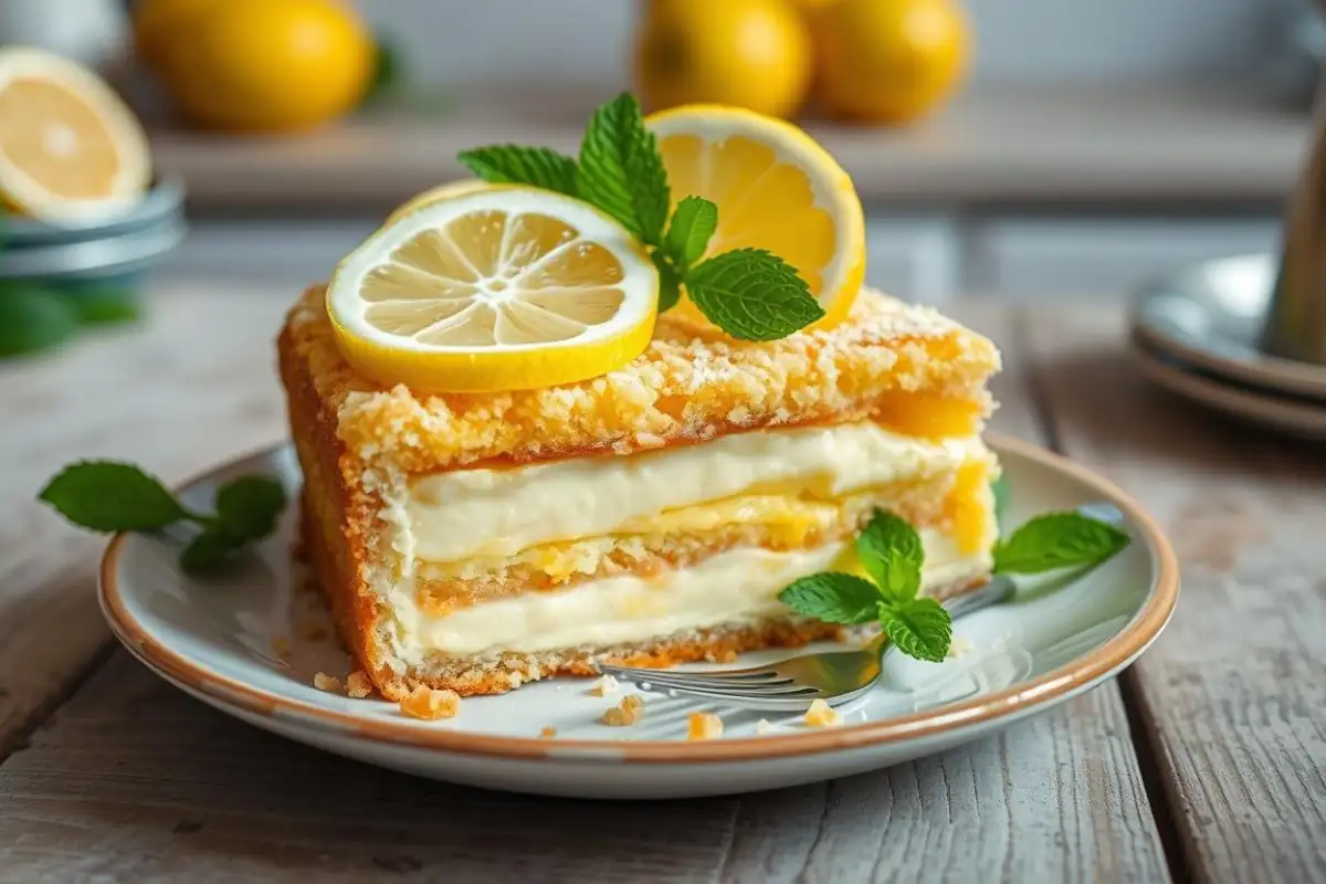 Lemon cream cheese dump cake with lemon slices and mint.