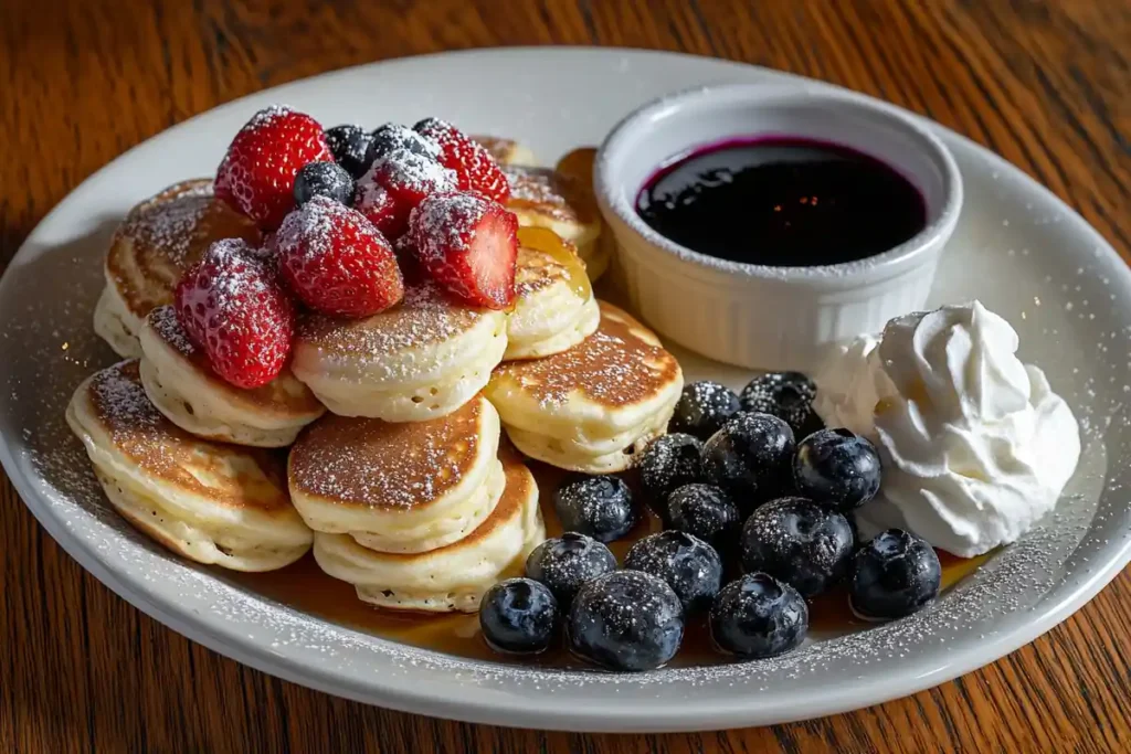 A plate of fluffy mini pancakes with syrup, berries, and whipped cream