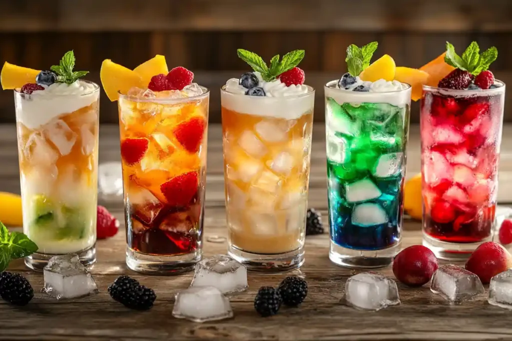 Various dirty sodas with layered colors, fruit slices, and mint served on a rustic table