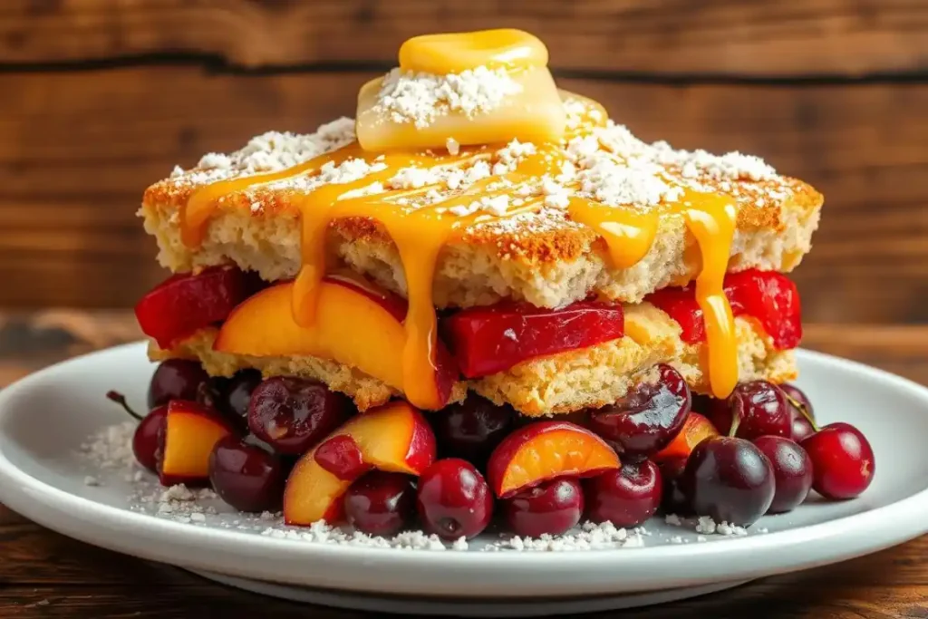 Dump cake ingredients layered, showing fruits, cake mix, and melted butter.