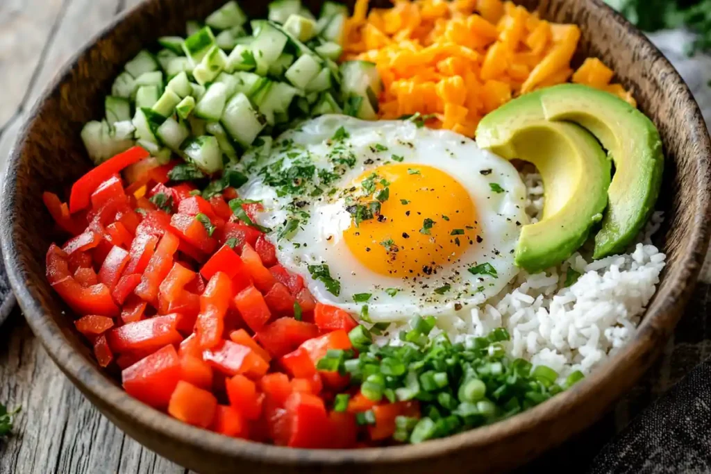 Fresh ingredients for making an egg bowl on a wooden board