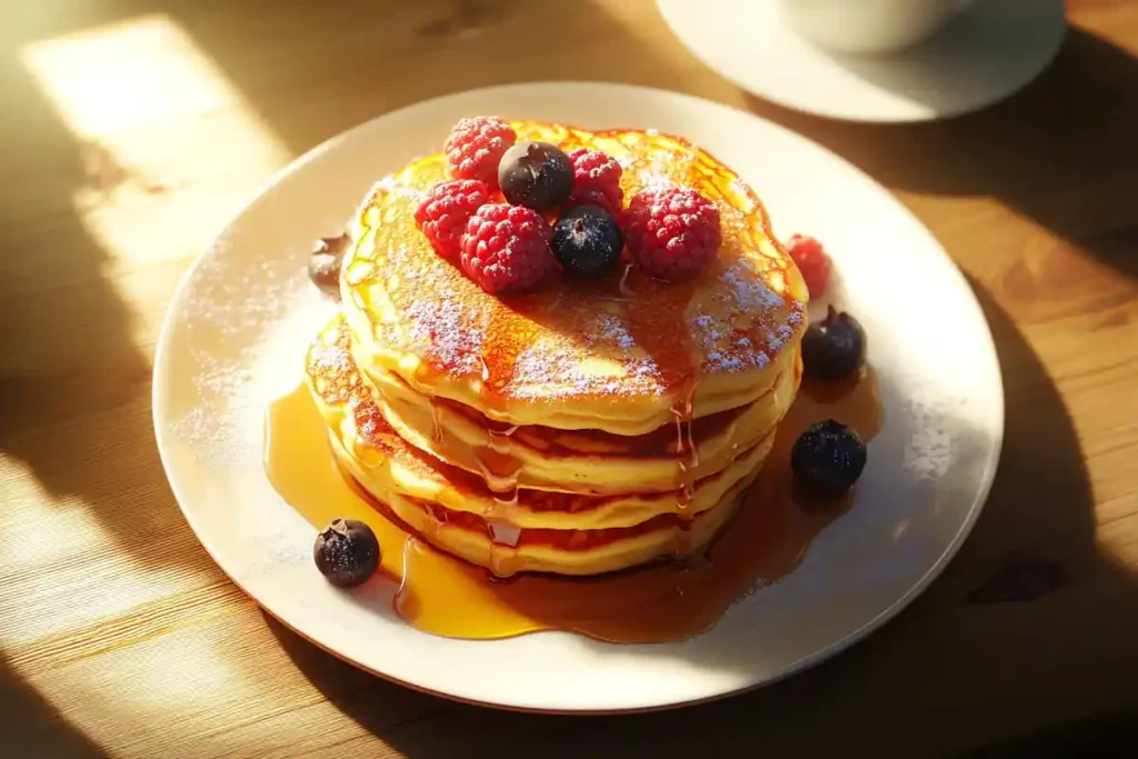 Arranged plate of French toast pancakes topped with syrup, berries, and powdered sugar