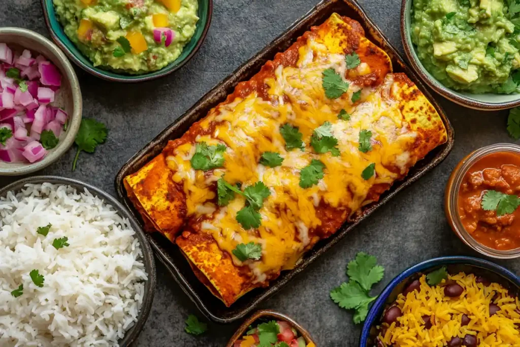 Enchiladas served with rice, beans, guacamole, and salsa.