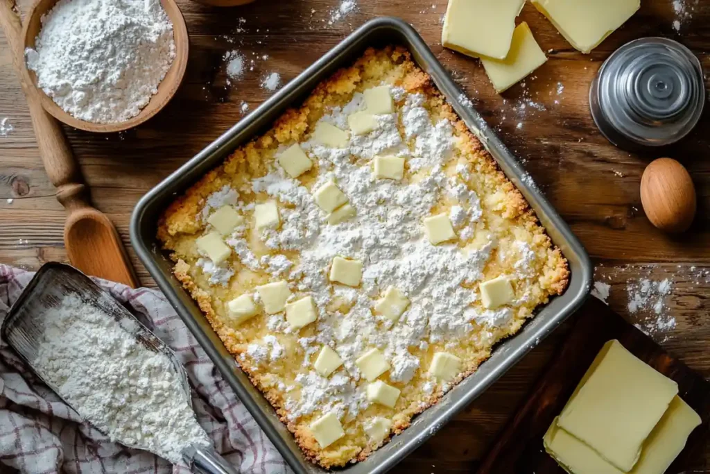 Close-up of dump cake baking with evenly distributed butter