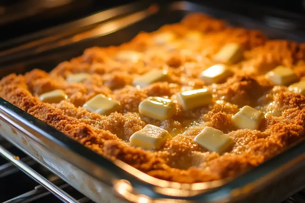 Close-up of dump cake baking with evenly distributed butter