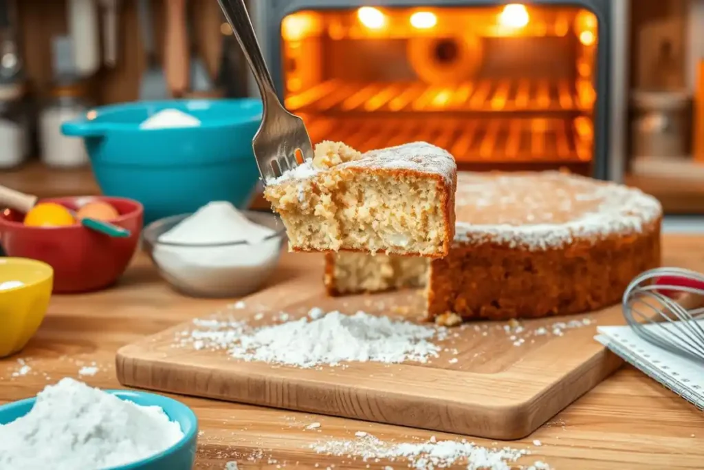 Powdery dump cake slice being lifted with fork on kitchen counter, showing dry texture