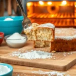 Powdery dump cake slice being lifted with fork on kitchen counter, showing dry texture