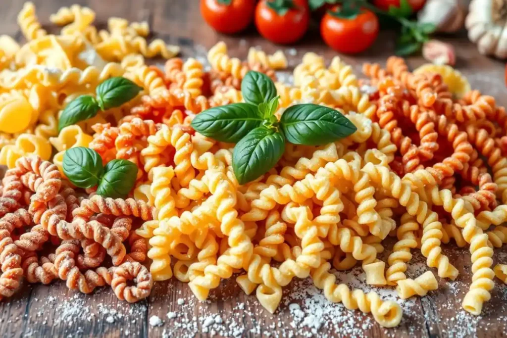 Overhead view of fusilli pasta varieties with sauces.