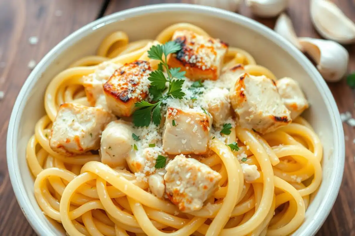 Garlic parmesan chicken pasta garnished with parsley and parmesan in a ceramic bowl.