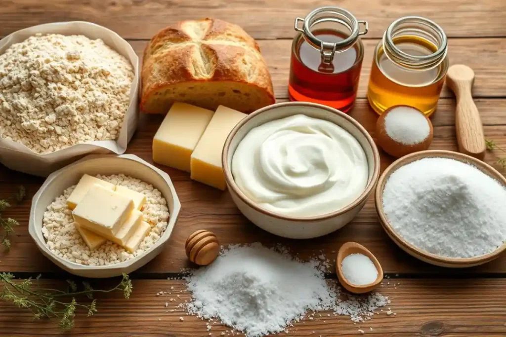 Flat lay of Swiss Gipfeli ingredients on a rustic table.