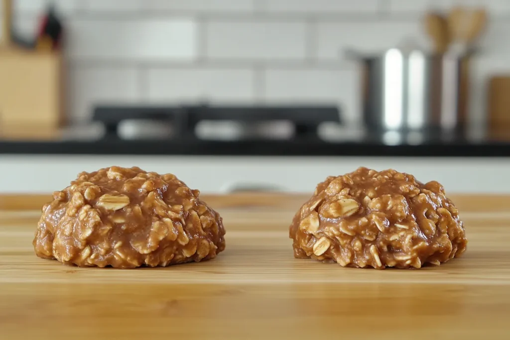 Comparison of gooey vs. properly set no bake oatmeal cookies