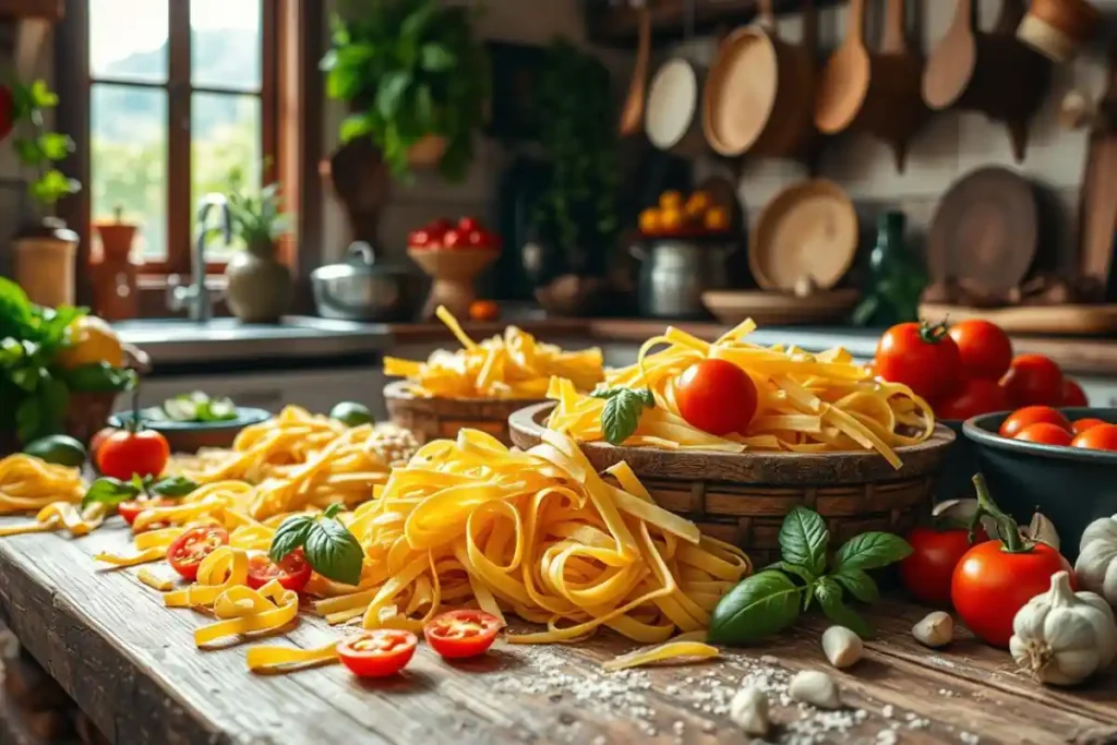 Handmade pasta preparation with fresh ingredients in an Italian-style kitchen