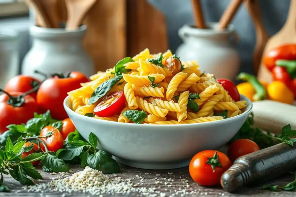 Cavatappi pasta with colorful vegetables and olive oil