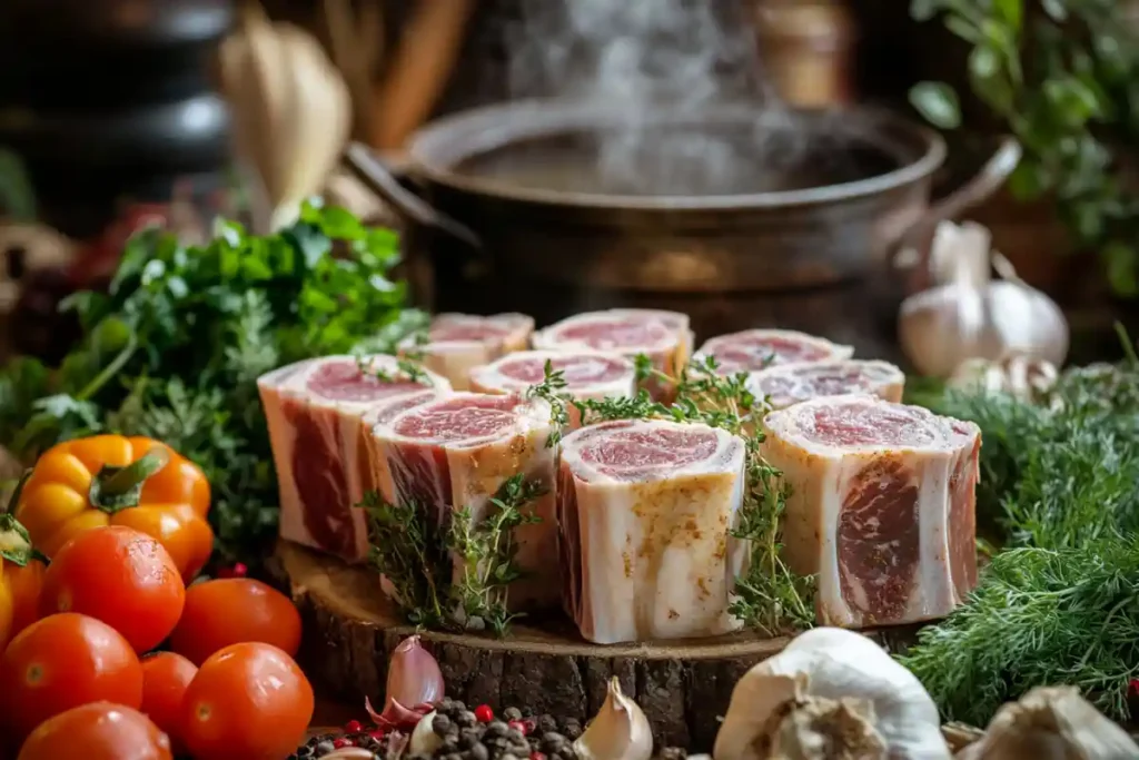 Fresh marrow bones with herbs and vegetables on a rustic table