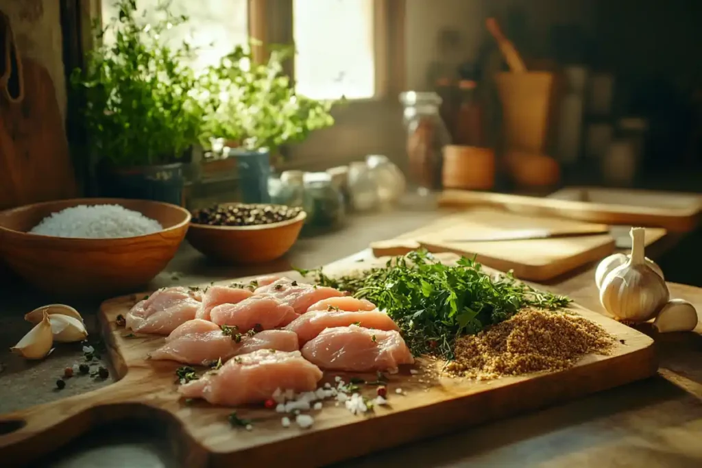 Homemade chicken sausage ingredients: chicken breast, herbs, garlic, spices, and breadcrumbs