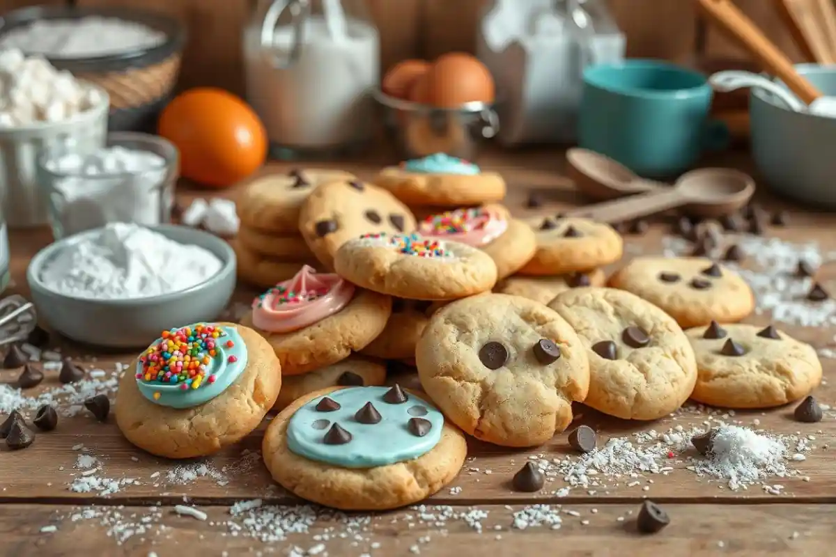 Display of freshly baked Crumbl-style cookies with various toppings