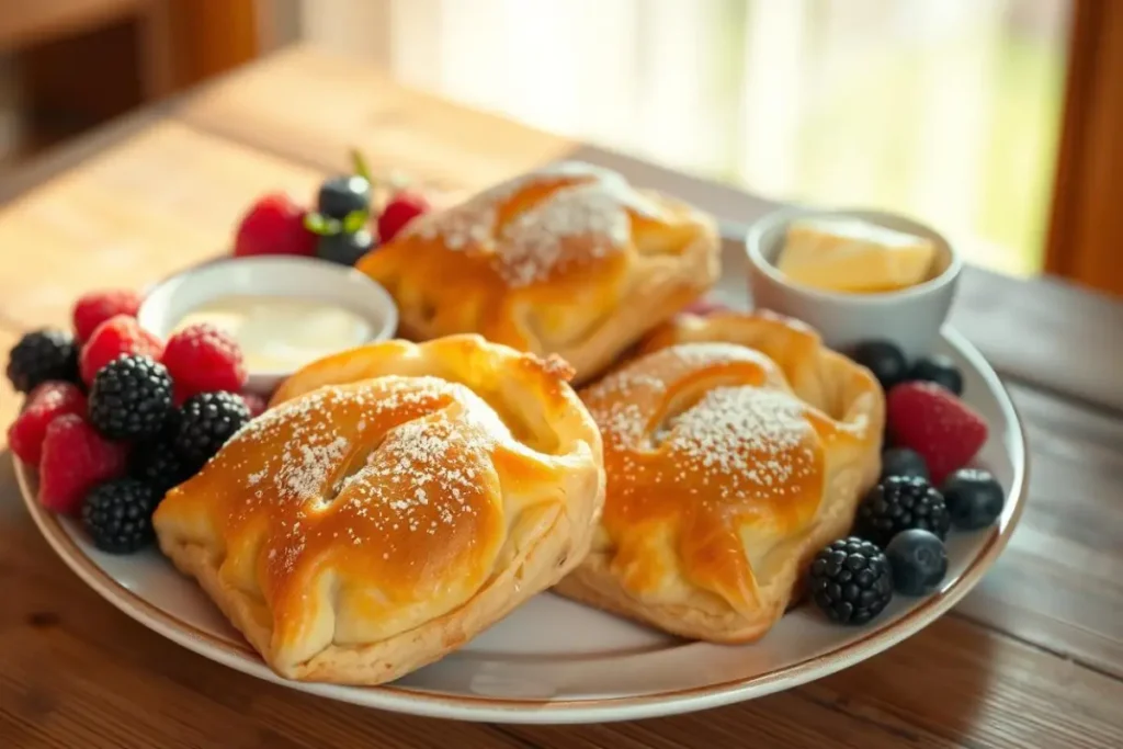 Golden brown Swiss Gipfeli pastries with berries and butter.