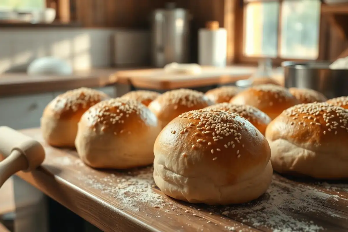 Freshly baked Kaiser rolls on a wooden table in a cozy kitchen