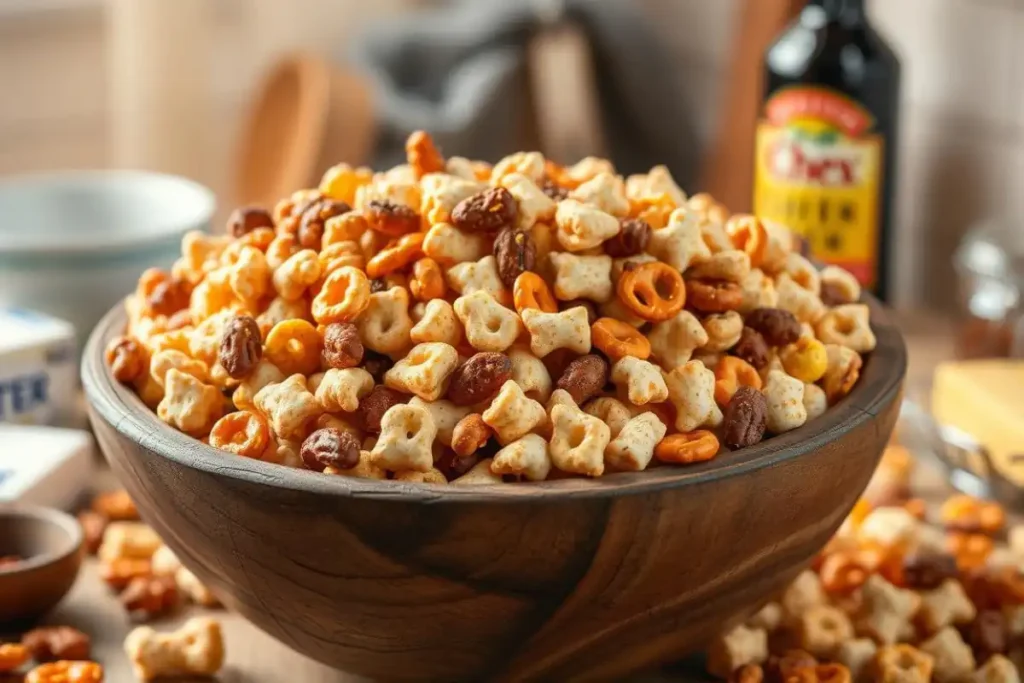 Bowl of classic oven-baked Chex Mix on kitchen counter with seasonings.