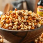 Bowl of classic oven-baked Chex Mix on kitchen counter with seasonings.