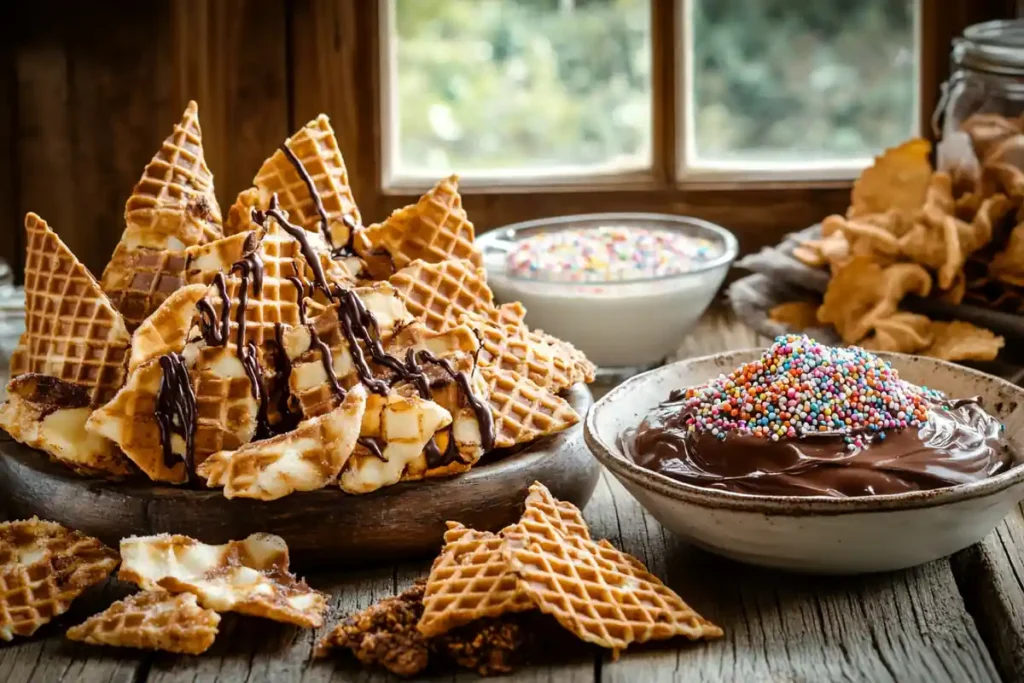 Homemade waffle cone chips on a wooden table with dips and toppings.