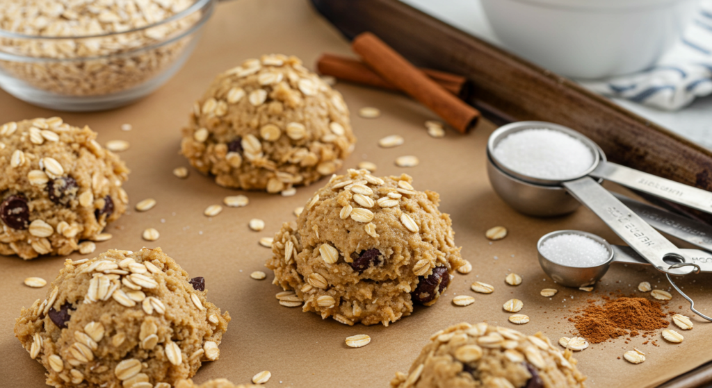 Raw cookie dough with rolled oats on a baking sheet, alongside instant oats