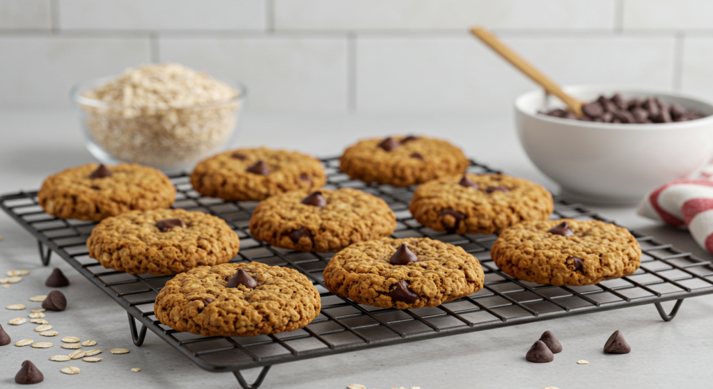  Oatmeal chocolate chip cookies made with instant oats on a cooling rack.