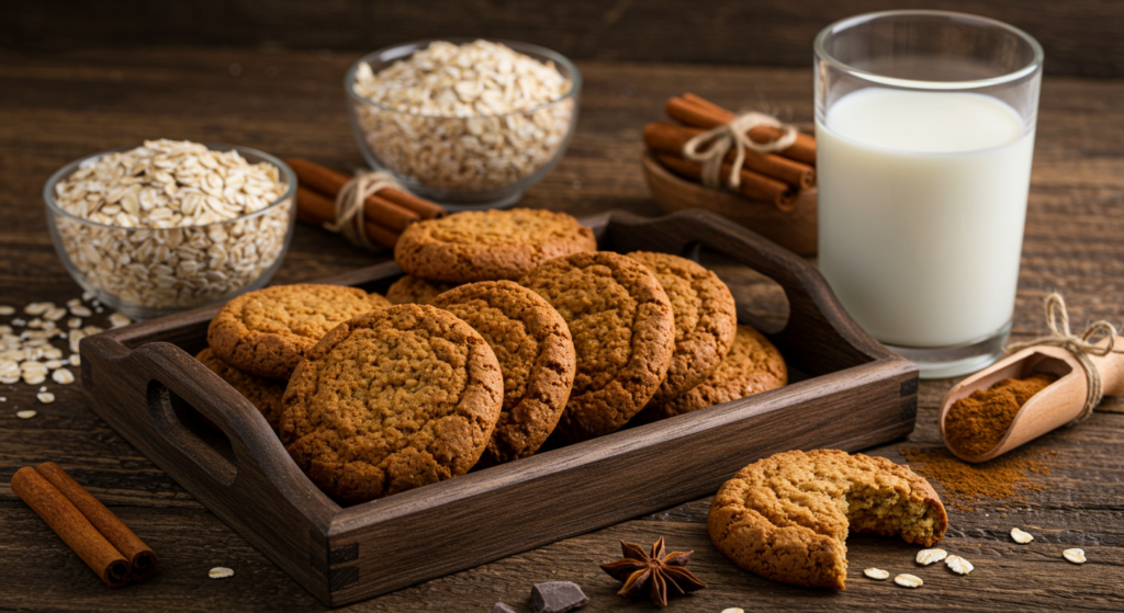 Freshly baked oatmeal cookies with rolled oats on a wooden tray