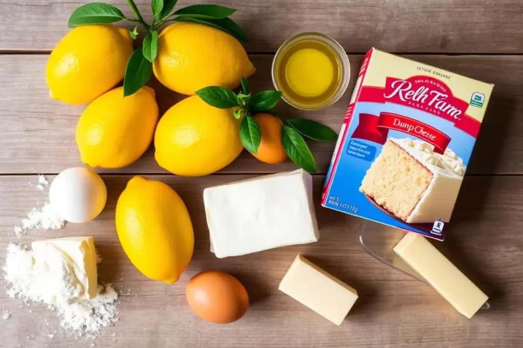 Ingredients for Lemon Cream Cheese Dump Cake on a table.