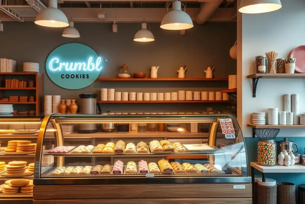 Interior of a Crumbl Cookies bakery with a display of cookies