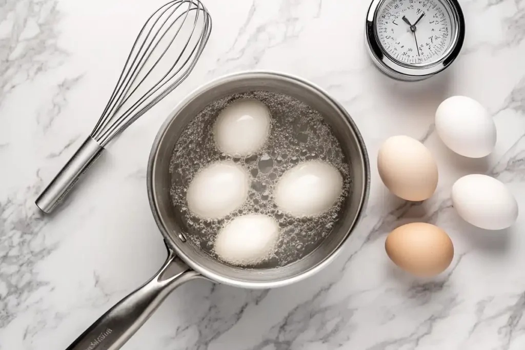 Essential equipment for making jammy eggs: saucepan, spoon, timer, and fresh eggs