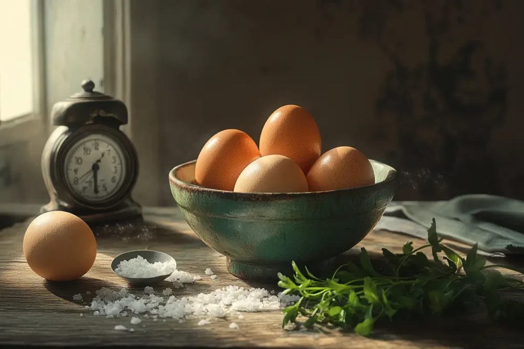 Artistic kitchen scene with jammy eggs, fresh herbs, and an egg timer