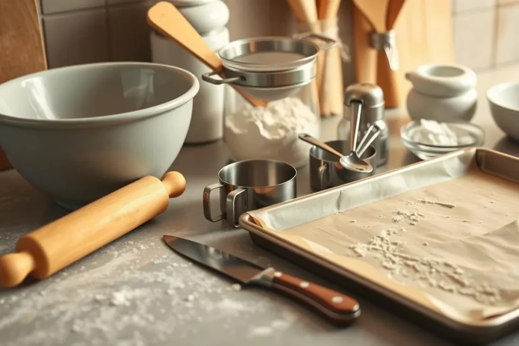 Baking tools and equipment for making Kaiser rolls on a kitchen countertop.