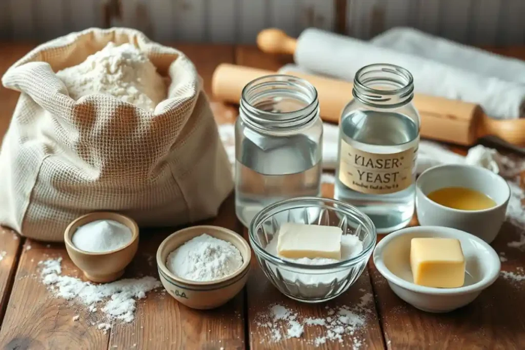 Essential ingredients for making Kaiser rolls on a rustic table.