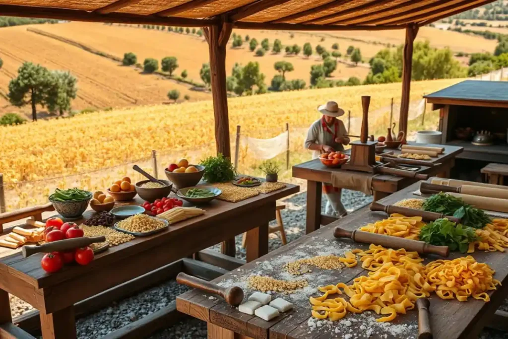 A Sicilian countryside scene with traditional pasta making