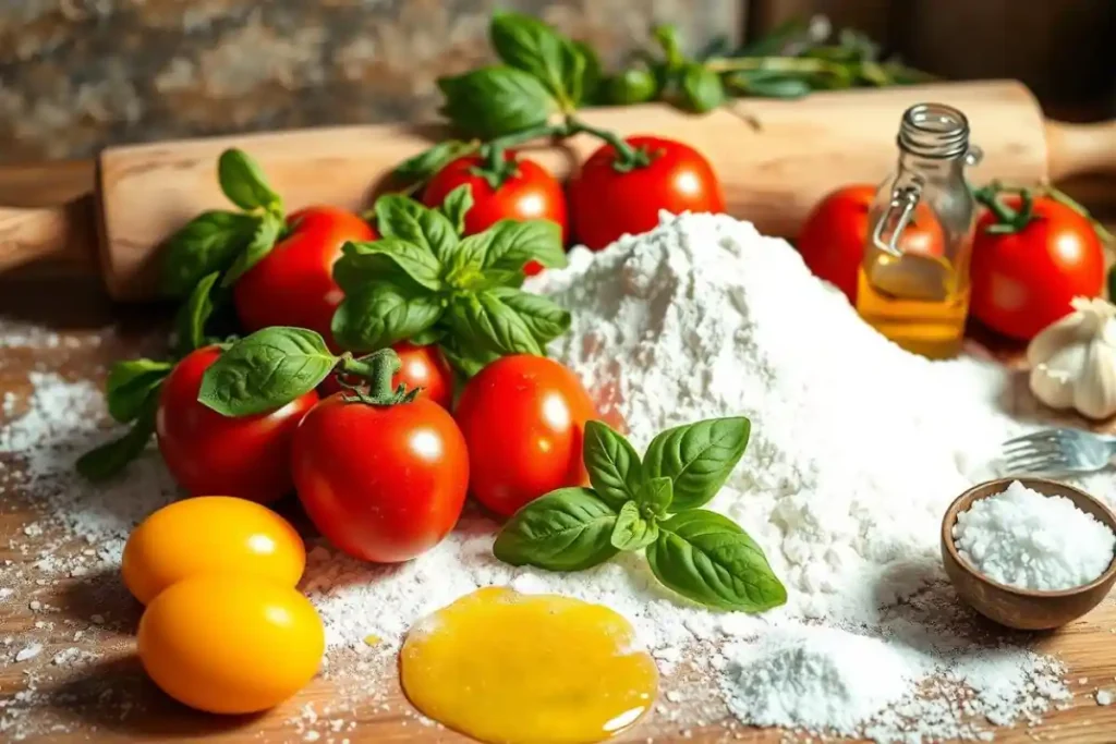 Ingredients for Italian pasta: flour, eggs, basil, tomatoes, olive oil, and salt