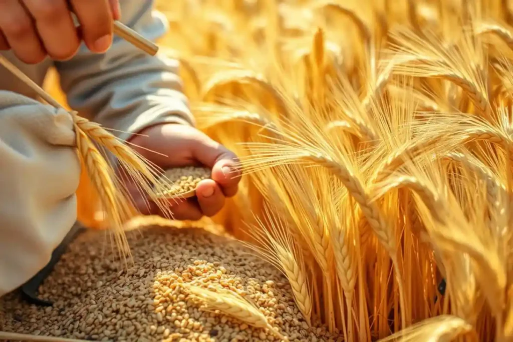 A field of durum wheat, with a farmer examining the grains