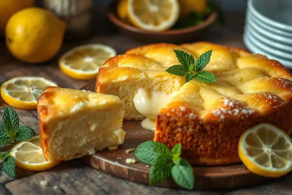 Close-up of a slice of lemon cream cheese dump cake.