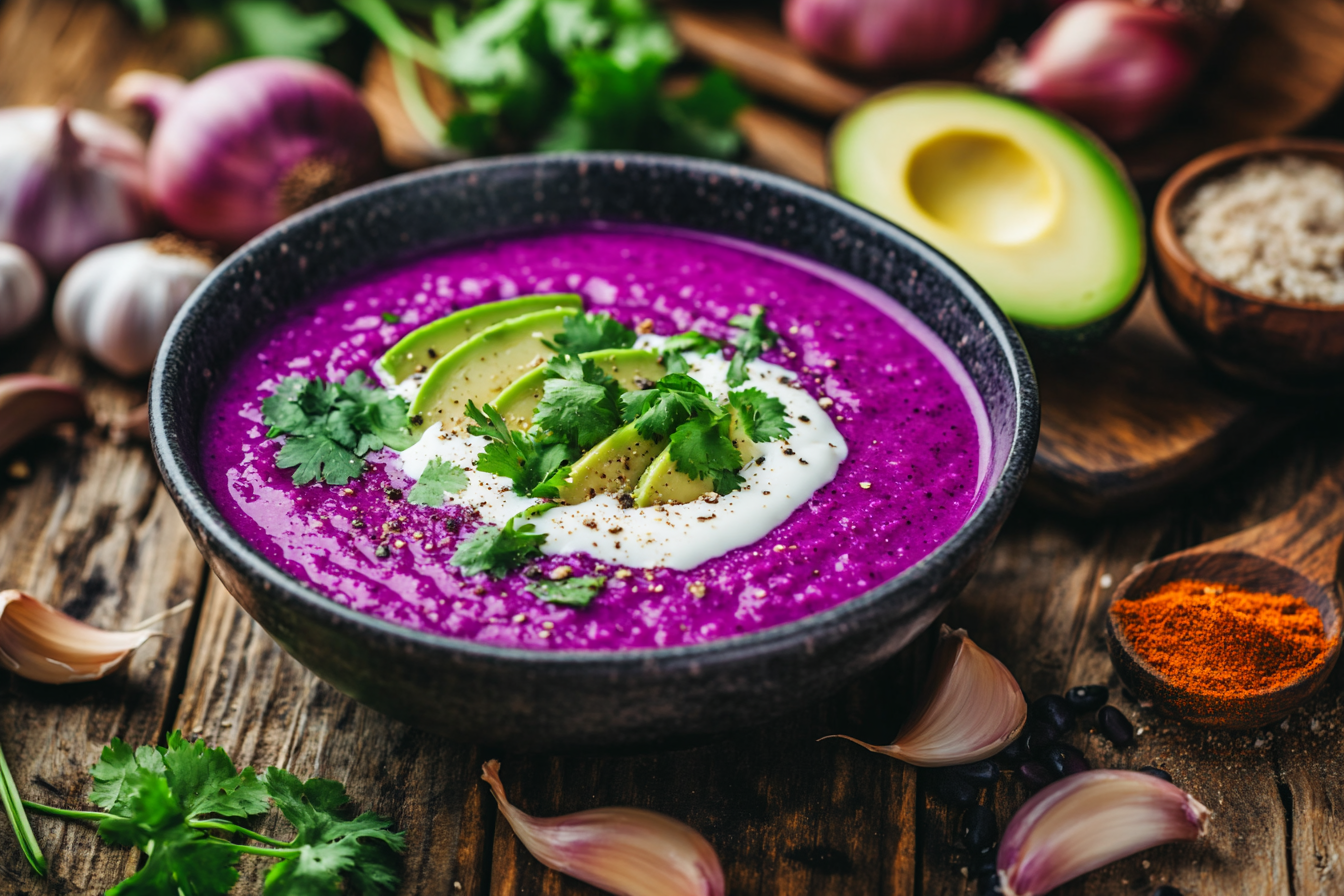 A pot of purple black bean soup cooking with fresh vegetables and spices