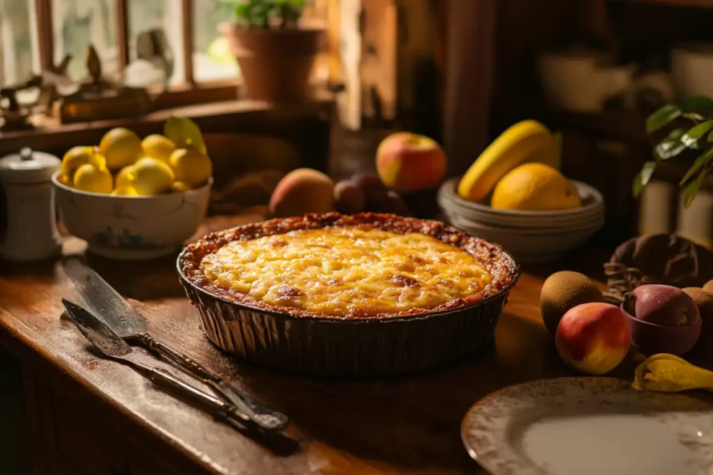 Freshly baked dump cake with golden crust in a rustic kitchen