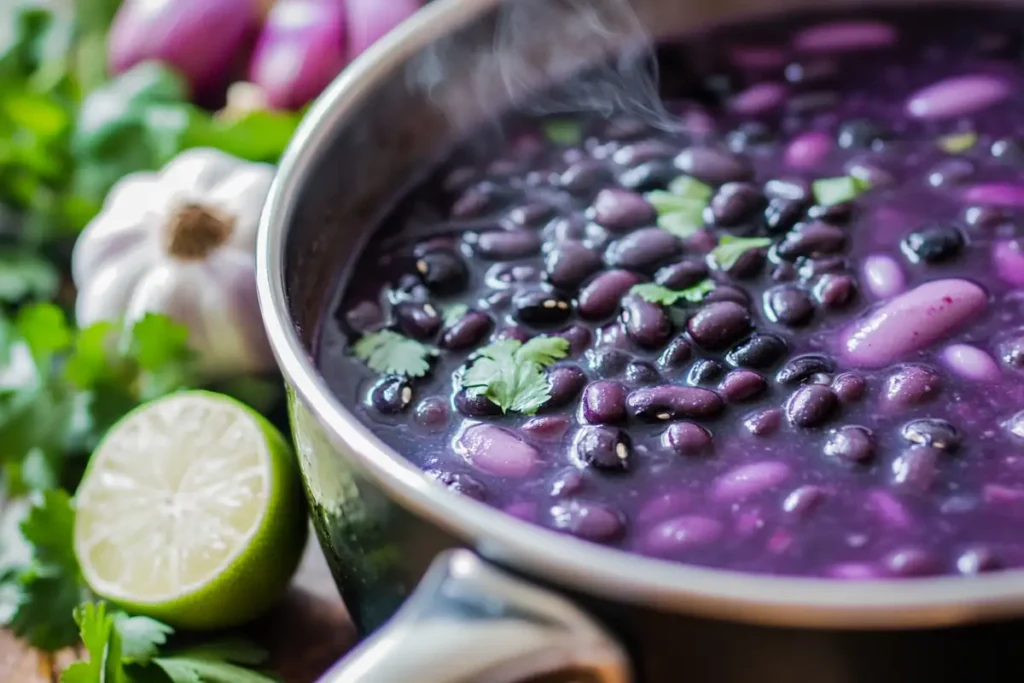 Black beans turning purple while cooking in a pot.