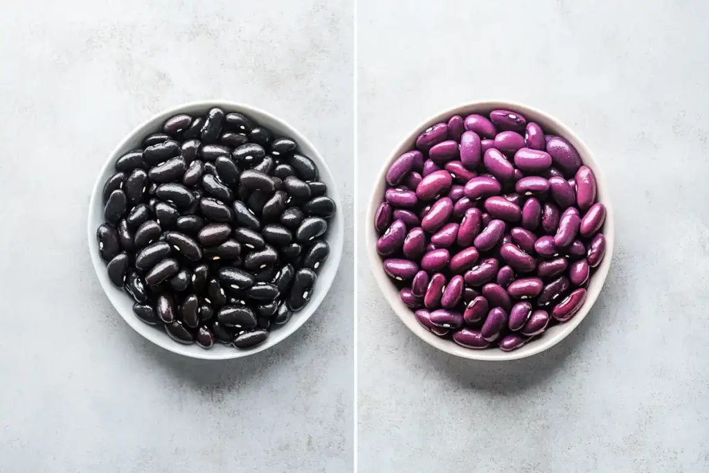 Raw and cooked black beans showing color change due to anthocyanins.