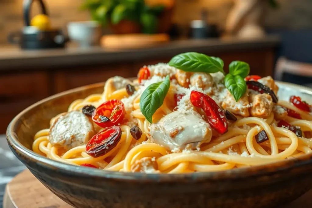 Marry Me Chicken Pasta garnished with basil and Parmesan in a rustic bowl