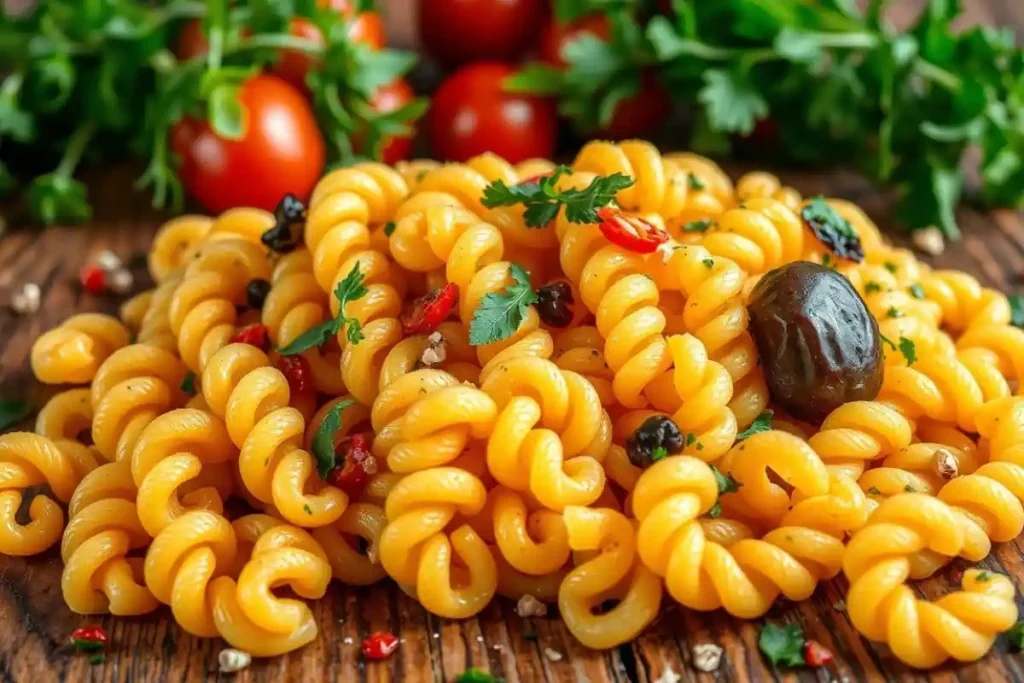 Mediterranean rotini pasta salad with olives, feta, and cherry tomatoes.