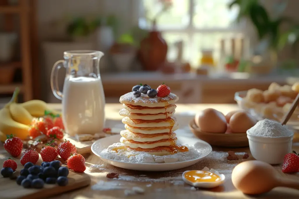 Essential ingredients for mini pancakes: flour, eggs, milk, honey, and fresh fruit