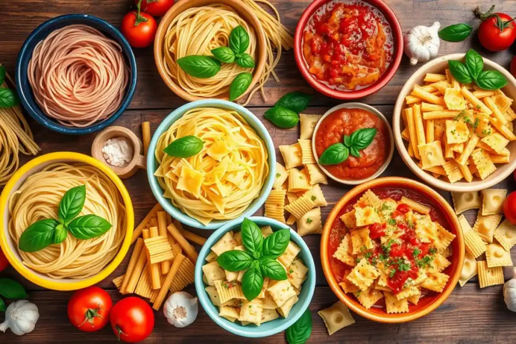 Minnetronix Italian pasta shapes with complementary sauces and garnishes.