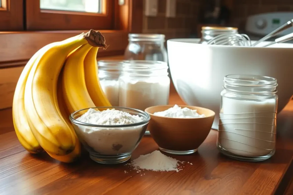 Mixing bowl with mashed bananas, flour, and a whisk for banana bread