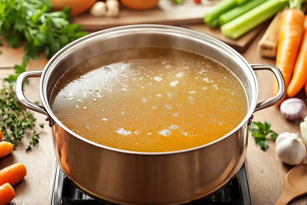 Simmering pot of soup bone broth with fresh herbs and vegetables