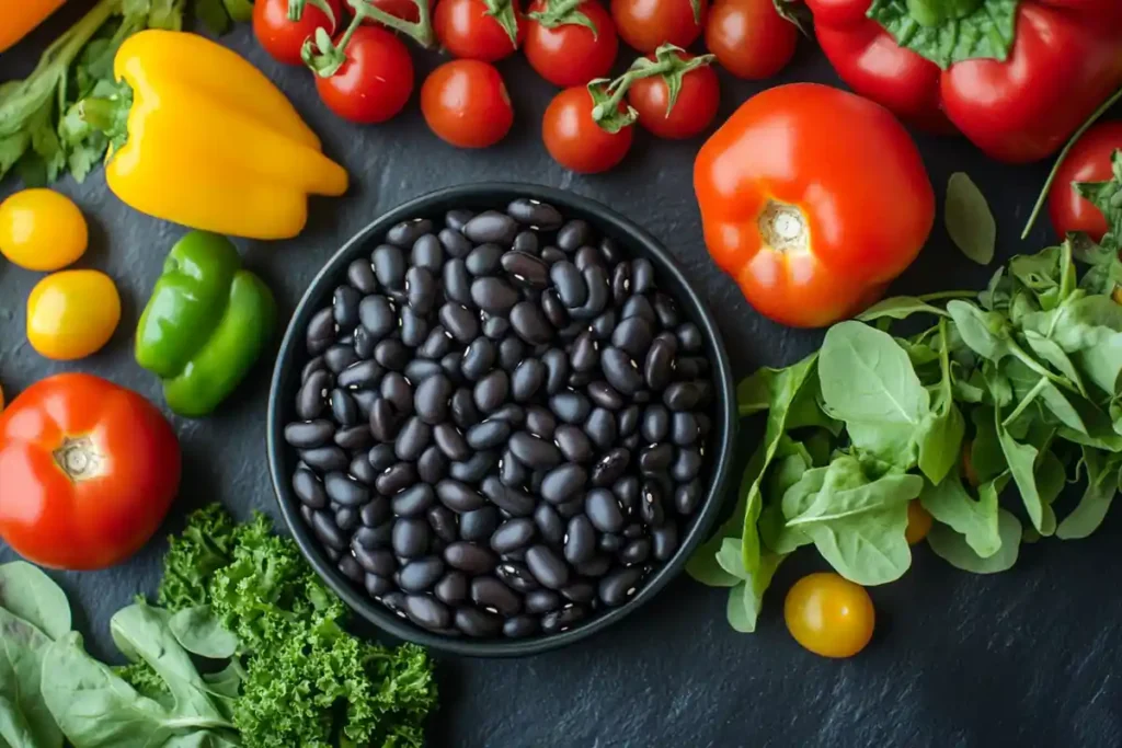 Artistic display of black beans with fresh vegetables and nutrition icons